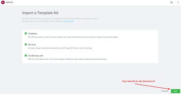 Chọn Next để vài mẫu Elementor Kit